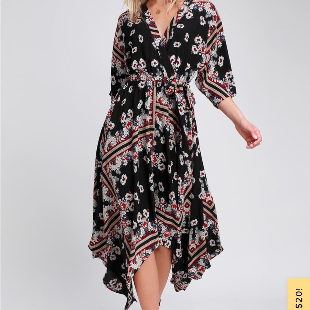 Lulus Delta Black Print Midi Dress
